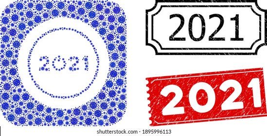 Vector collage start 2021 round button and grunge 2021 seal stamps. Mosaic start 2021 round button created as stencil from rounded square with blue Covid-2019 elements.