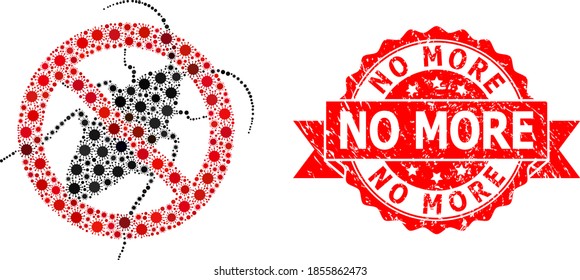 Vector collage stop cockroach of covid-2019 virus, and No More rubber ribbon seal. Virus cells inside stop cockroach collage. Red seal contains No More text inside ribbon.