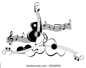 Vector collage of string musical instruments and music notes. Black and white isolated image on white background.