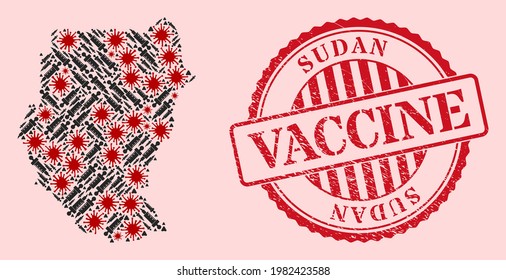 Vector collage Sudan map of coronavirus, vaccination icons, and red grunge vaccine seal stamp. Virus particles and syringe particles inside Sudan map.