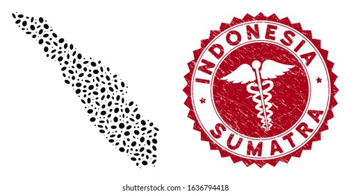 Vector collage Sumatra Island map and red rounded grunge stamp watermark with medic sign. Sumatra Island map collage created with ellipse elements. Red rounded medic watermark, with grunge texture.