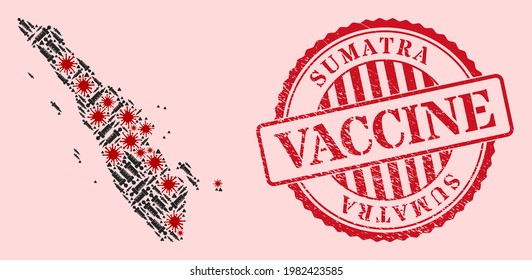 Vector collage Sumatra map of SARS virus, dose icons, and red grunge vaccination seal stamp. Virus items and dose items inside Sumatra map.