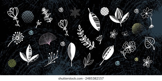 Collage de Vector de hojas de jardín de verano, flores, plantas, líneas y bocetos. Vector conjunto de Elementos dibujados a mano abstractos de moda mínima. conjunto de ilustraciones botánicas.
