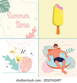 Vektorgrafik für Sommerferien am Strand. Ein Mann im Urlaub mit Eis und einem Cocktail.