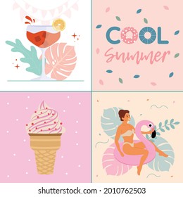 Collage de vectores para el verano. Una mujer de vacaciones con helado y un cóctel.