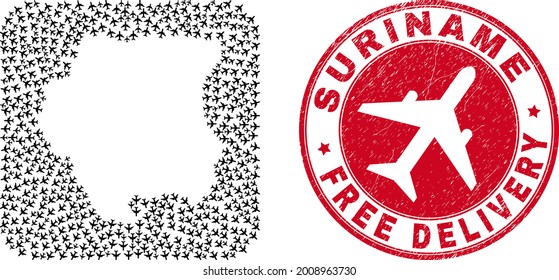 Vector collage Suriname map of aircraft items and grunge Free Delivery seal. Collage geographic Suriname map designed as hole from rounded square shape with flying out air planes.
