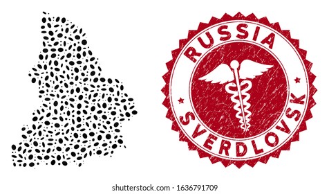 Vector collage Sverdlovsk Region map and red round distressed stamp seal with medicine sign. Sverdlovsk Region map collage created with ellipse spots. Red round medical seal stamp, with dirty texture.