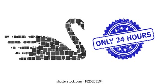Cisne de colaje vectorial y sello de rosetón de goma de sólo 24 horas. Sello de sello azul incluye sólo 24 horas de pie en rosette. Los elementos cuadrados se agrupan en un icono de swan de collage abstracto.
