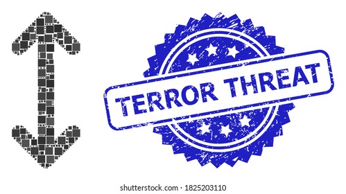 Vector collage swap arrows vertically, and Terror Threat dirty rosette seal print. Blue stamp seal has Terror Threat tag inside rosette.