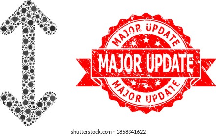 Vector collage swap arrows vertically of SARS virus, and Major Update scratched ribbon stamp. Virus particles inside swap arrows vertically collage.