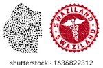 Vector collage Swaziland map and red rounded rubber stamp seal with healthcare sign. Swaziland map collage formed with oval spots. Red rounded health care seal stamp, with distress texture.