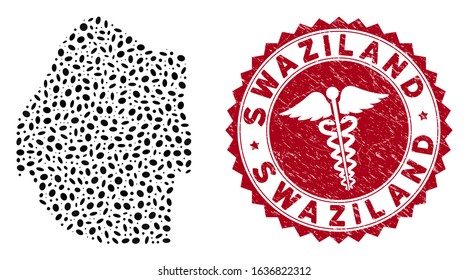 Vector collage Swaziland map and red rounded rubber stamp seal with healthcare sign. Swaziland map collage formed with oval spots. Red rounded health care seal stamp, with distress texture.