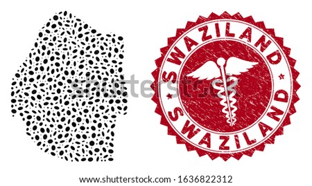 Vector collage Swaziland map and red rounded rubber stamp seal with healthcare sign. Swaziland map collage formed with oval spots. Red rounded health care seal stamp, with distress texture.