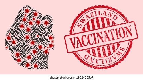 Vector collage Swaziland map of SARS virus, vaccine icons, and red grunge vaccine seal stamp. Virus cells and vaccine particles inside Swaziland map.