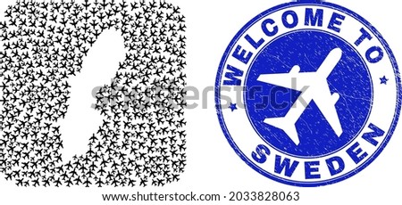 Vector collage Sweden map of airline items and grunge Welcome seal. Mosaic geographic Sweden map created as carved shape from rounded square shape with airways.