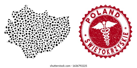 Vector collage Swietokrzyskie Voivodeship map and red rounded grunge stamp watermark with health care symbol. Swietokrzyskie Voivodeship map collage created with ellipse items.
