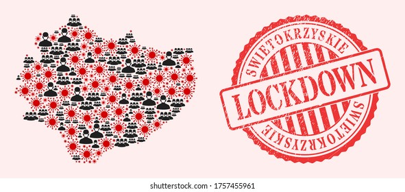 Vector collage Swietokrzyskie Voivodeship map of covid-2019 virus, masked people and red grunge lockdown stamp. Virus items and people in masks inside Swietokrzyskie Voivodeship map.