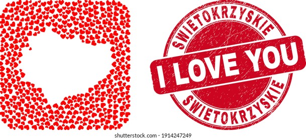 Vector collage Swietokrzyskie Voivodeship map of valentine heart elements and grunge love stamp.