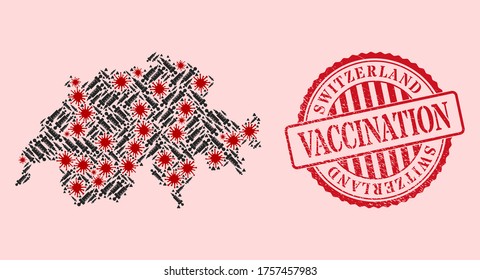 Vector collage Switzerland map of corona virus, treatment icons, and red grunge vaccination seal stamp. Virus items and vaccination particles inside Switzerland map.