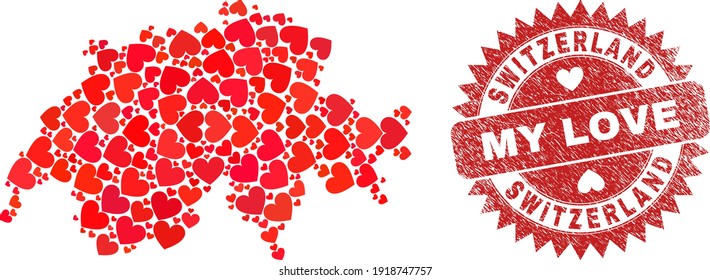 Vektorgrafik Schweiz Karte von schönen Herzstücken und Grunge My Love-Siegel. Collage geographische Schweiz Karte entworfen mit Liebe Herzen.