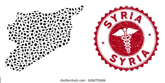 Vector collage Syria map and red rounded corroded stamp watermark with medical symbol. Syria map collage constructed with elliptic items. Red rounded medic watermark, with distress texture.