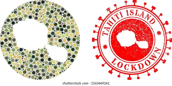 Vector collage Tahiti Island map of flu virus elements and grunge LOCKDOWN badge.