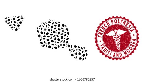 Vector collage Tahiti and Moorea islands map and red round grunge stamp watermark with doctor sign. Tahiti and Moorea islands map collage formed with elliptic elements. Red rounded health care stamp,