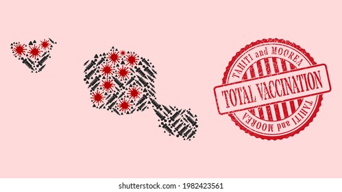Vector collage Tahiti and Moorea islands map of covid-2019 virus, vaccination icons, and red grunge vaccine seal. Virus elements and dose items inside Tahiti and Moorea islands map.