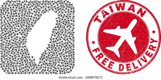 Vector collage Taiwan map of aeroplane items and grunge Free Delivery stamp. Collage geographic Taiwan map constructed as carved shape from rounded square shape with flying out aircraft.
