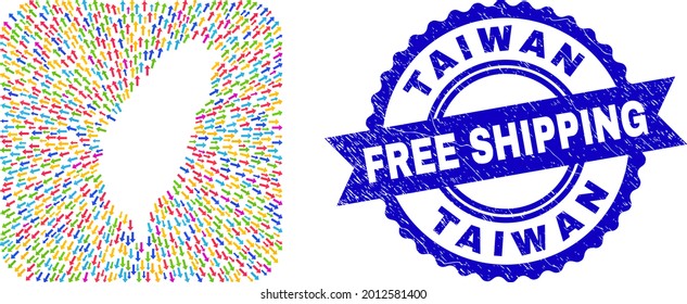 Vector collage Taiwan map of away arrows and scratched Free Shipping badge. Collage Taiwan map created as hole from rounded square shape with pointer arrows.
