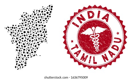 Vector collage Tamil Nadu State map and red rounded corroded stamp seal with health care icon. Tamil Nadu State map collage created with oval items. Red rounded doctor seal, with dirty texture.