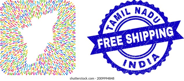 Vector collage Tamil Nadu State map of movement arrows and rubber Free Shipping badge. Collage Tamil Nadu State map designed as carved shape from rounded square shape with emigration arrows.