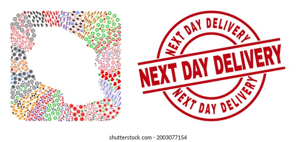Vector collage Tanzania map of different symbols and Next Day Delivery seal stamp. Collage Tanzania map created as subtraction from rounded square shape. Red round stamp with Next Day Delivery word.