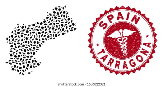 Vector collage Tarragona Province map and red rounded distressed stamp seal with medicine sign. Tarragona Province map collage formed with elliptic spots. Red rounded medical seal stamp,