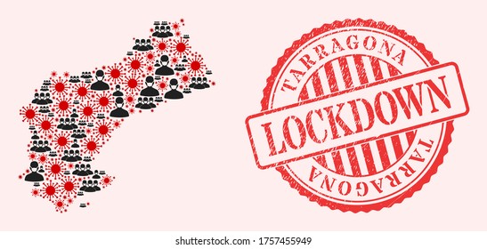 Vector collage Tarragona Province map of SARS virus, masked men and red grunge lockdown seal. Virus items and men in masks inside Tarragona Province map.