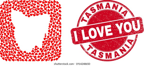 Vector collage Tasmania Island map of valentine heart elements and grunge love seal. Collage geographic Tasmania Island map designed as carved shape from rounded square shape with lovely hearts.