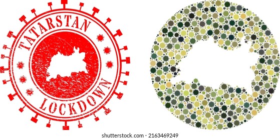 Vector collage Tatarstan map of covid infection items and grunge LOCKDOWN stamp. Mosaic geographic Tatarstan map designed as hole from round shape with covid infection items in khaki army color hues.
