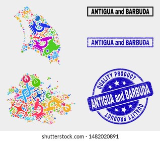 Vector collage of technology Antigua and Barbuda map and blue watermark for quality product. Antigua and Barbuda map collage created with equipment, wrenches, industry symbols.