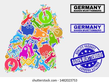 Vector collage of technology Baden-Wurttemberg Land map and blue seal for quality product. Baden-Wurttemberg Land map collage made with equipment, wrenches, industry icons.