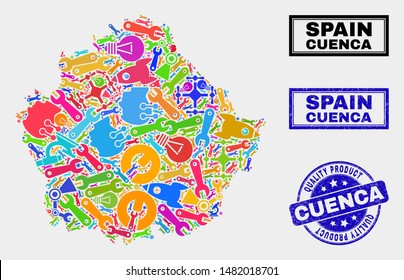 Vector collage of technology Cuenca Province map and blue stamp for quality product. Cuenca Province map collage designed with tools, wrenches, production symbols.