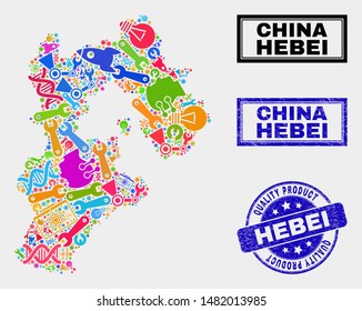Vector collage of technology Hebei Province map and blue seal for quality product. Hebei Province map collage composed with tools, wrenches, industry icons.