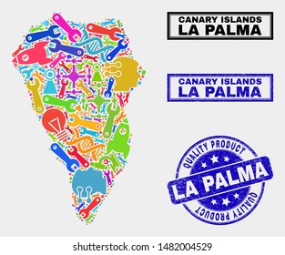 Vector collage of technology La Palma Island map and blue watermark for quality product. La Palma Island map collage composed with equipment, spanners, science symbols.