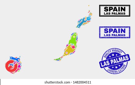 Vector collage of technology Las Palmas Province map and blue seal stamp for quality product. Las Palmas Province map collage made with equipment, spanners, industry symbols.