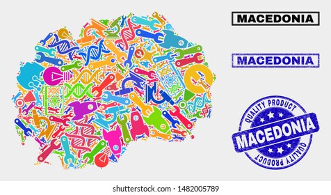 Vector collage of technology Macedonia map and blue seal for quality product. Macedonia map collage formed with equipment, wrenches, industry symbols.
