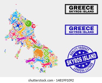 Vector collage of technology Skyros Island map and blue stamp for quality product. Skyros Island map collage created with tools, spanners, industry symbols.