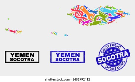 Vector collage of technology Socotra Archipelago map and blue watermark for quality product. Socotra Archipelago map collage composed with equipment, wrenches, industry symbols.