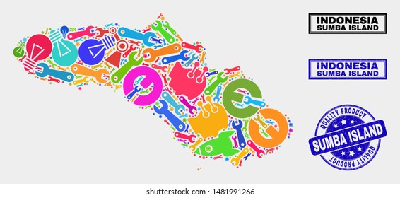 Vector collage of technology Sumba Island map and blue seal stamp for quality product. Sumba Island map collage made with equipment, wrenches, industry icons.