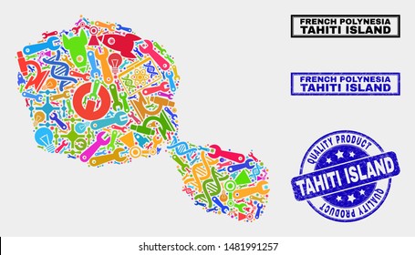 Vector collage of technology Tahiti Island map and blue stamp for quality product. Tahiti Island map collage formed with tools, wrenches, science icons.