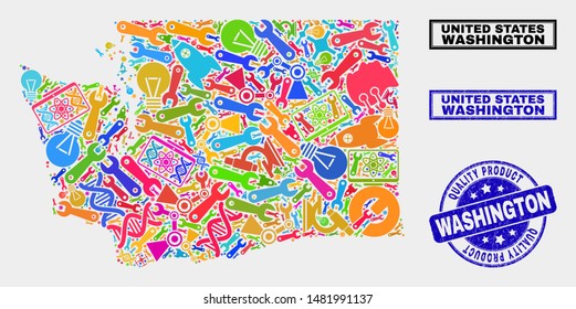 Vector collage of technology Washington State map and blue seal for quality product. Washington State map collage formed with tools, wrenches, science symbols.