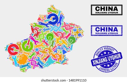 Vector collage of technology Xinjiang Uyghur Region map and blue seal for quality product. Xinjiang Uyghur Region map collage created with equipment, wrenches, production icons.